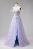 Off the Shoulder Sparkly Lilac Corset Embroidery Pearls Tulle Long Prom Dress with Slit
