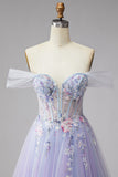 Off the Shoulder Sparkly Lilac Corset Embroidery Pearls Tulle Long Prom Dress with Slit