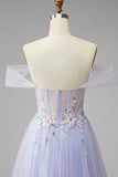 Off the Shoulder Sparkly Lilac Corset Embroidery Pearls Tulle Long Prom Dress with Slit