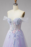 Off the Shoulder Sparkly Lilac Corset Embroidery Pearls Tulle Long Prom Dress with Slit
