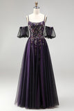 Dark Purple Rhinestone Appliques A-Line Glitter Long Prom Dress with Puff Sleeves