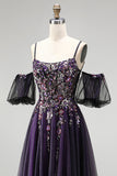 Dark Purple Rhinestone Appliques A-Line Glitter Long Prom Dress with Puff Sleeves