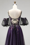 Dark Purple Rhinestone Appliques A-Line Glitter Long Prom Dress with Puff Sleeves