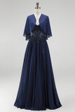 Navy Corset A-Line Chiffon Spaghetti Straps Long Mother Of the Bride Dress with Cape