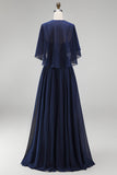 Navy Corset A-Line Chiffon Spaghetti Straps Long Mother Of the Bride Dress with Cape