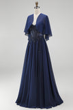 Navy Corset A-Line Chiffon Spaghetti Straps Long Mother Of the Bride Dress with Cape