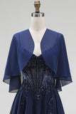 Navy Corset A-Line Chiffon Spaghetti Straps Long Mother Of the Bride Dress with Cape