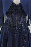 Navy Corset A-Line Chiffon Spaghetti Straps Long Mother Of the Bride Dress with Cape