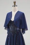 Navy Corset A-Line Chiffon Spaghetti Straps Long Mother Of the Bride Dress with Cape