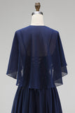 Navy Corset A-Line Chiffon Spaghetti Straps Long Mother Of the Bride Dress with Cape