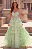 Light Green Tiered Ruffled Chiffon A-Line 3D Appliques Corset Rhinestone Long Prom Dress