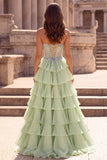 Light Green Tiered Ruffled Chiffon A-Line 3D Appliques Corset Rhinestone Long Prom Dress