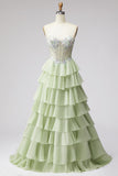 Light Green Tiered Ruffled Chiffon A-Line 3D Appliques Corset Rhinestone Long Prom Dress