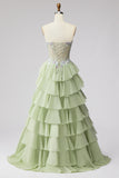 Light Green Tiered Ruffled Chiffon A-Line 3D Appliques Corset Rhinestone Long Prom Dress