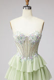 Light Green Tiered Ruffled Chiffon A-Line 3D Appliques Corset Rhinestone Long Prom Dress