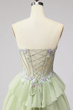 Light Green Tiered Ruffled Chiffon A-Line 3D Appliques Corset Rhinestone Long Prom Dress