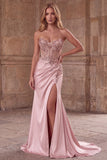 Pink Corset Sheer Mermaid Beaded Sequins Pearls Ruched Satin Long Prom Dress with Slit