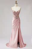 Pink Corset Sheer Mermaid Beaded Sequins Pearls Ruched Satin Long Prom Dress with Slit