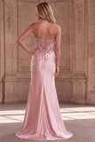Pink Corset Sheer Mermaid Beaded Sequins Pearls Ruched Satin Long Prom Dress with Slit
