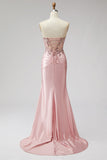 Pink Corset Sheer Mermaid Beaded Sequins Pearls Ruched Satin Long Prom Dress with Slit