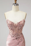 Pink Corset Sheer Mermaid Beaded Sequins Pearls Ruched Satin Long Prom Dress with Slit