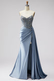 Blue Corset Sheer Satin Ruched V-Neck Rhinestone Strapless Long Prom Dress with Slit