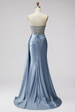 Blue Corset Sheer Satin Ruched V-Neck Rhinestone Strapless Long Prom Dress with Slit