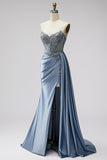 Blue Corset Sheer Satin Ruched V-Neck Rhinestone Strapless Long Prom Dress with Slit