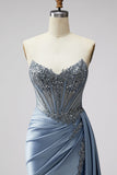 Blue Corset Sheer Satin Ruched V-Neck Rhinestone Strapless Long Prom Dress with Slit