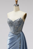 Blue Corset Sheer Satin Ruched V-Neck Rhinestone Strapless Long Prom Dress with Slit