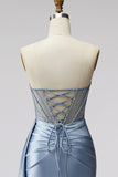 Blue Corset Sheer Satin Ruched V-Neck Rhinestone Strapless Long Prom Dress with Slit