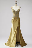 Golden Mermaid Satin Corset Rhinestones Ruched Spaghetti Straps Long Prom Dress with Slit