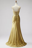 Golden Mermaid Satin Corset Rhinestones Ruched Spaghetti Straps Long Prom Dress with Slit