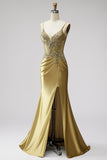 Golden Mermaid Satin Corset Rhinestones Ruched Spaghetti Straps Long Prom Dress with Slit