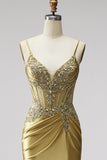 Golden Mermaid Satin Corset Rhinestones Ruched Spaghetti Straps Long Prom Dress with Slit