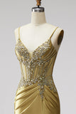 Golden Mermaid Satin Corset Rhinestones Ruched Spaghetti Straps Long Prom Dress with Slit