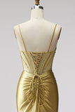 Golden Mermaid Satin Corset Rhinestones Ruched Spaghetti Straps Long Prom Dress with Slit