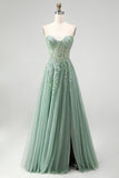 Glitter Dusty Sage Floral Appliques Corset Tulle Strapless Sequins Long Prom Dress with Slit