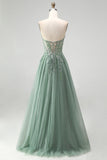 Glitter Dusty Sage Floral Appliques Corset Tulle Strapless Sequins Long Prom Dress with Slit