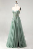 Glitter Dusty Sage Floral Appliques Corset Tulle Strapless Sequins Long Prom Dress with Slit