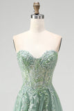 Glitter Dusty Sage Floral Appliques Corset Tulle Strapless Sequins Long Prom Dress with Slit