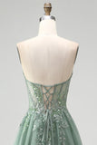 Glitter Dusty Sage Floral Appliques Corset Tulle Strapless Sequins Long Prom Dress with Slit