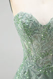 Glitter Dusty Sage Floral Appliques Corset Tulle Strapless Sequins Long Prom Dress with Slit