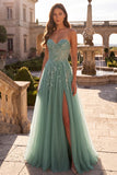 Glitter Dusty Sage Floral Appliques Corset Tulle Strapless Sequins Long Prom Dress with Slit