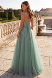 Glitter Dusty Sage Floral Appliques Corset Tulle Strapless Sequins Long Prom Dress with Slit