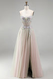 Dusty Rose A-Line Floral Appliques Rhinestones Corset Tulle Strapless Long Prom Dress with Slit