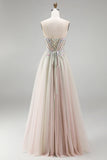 Dusty Rose A-Line Floral Appliques Rhinestones Corset Tulle Strapless Long Prom Dress with Slit