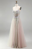 Dusty Rose A-Line Floral Appliques Rhinestones Corset Tulle Strapless Long Prom Dress with Slit
