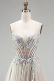 Dusty Rose A-Line Floral Appliques Rhinestones Corset Tulle Strapless Long Prom Dress with Slit