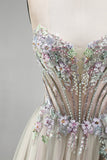 Dusty Rose A-Line Floral Appliques Rhinestones Corset Tulle Strapless Long Prom Dress with Slit